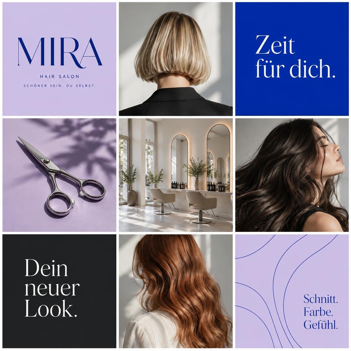 Neun Musterposts für Mira: Haarschnitte, Schere und Salon mit lavendelfarbenen und blauen Typografiemotiven.