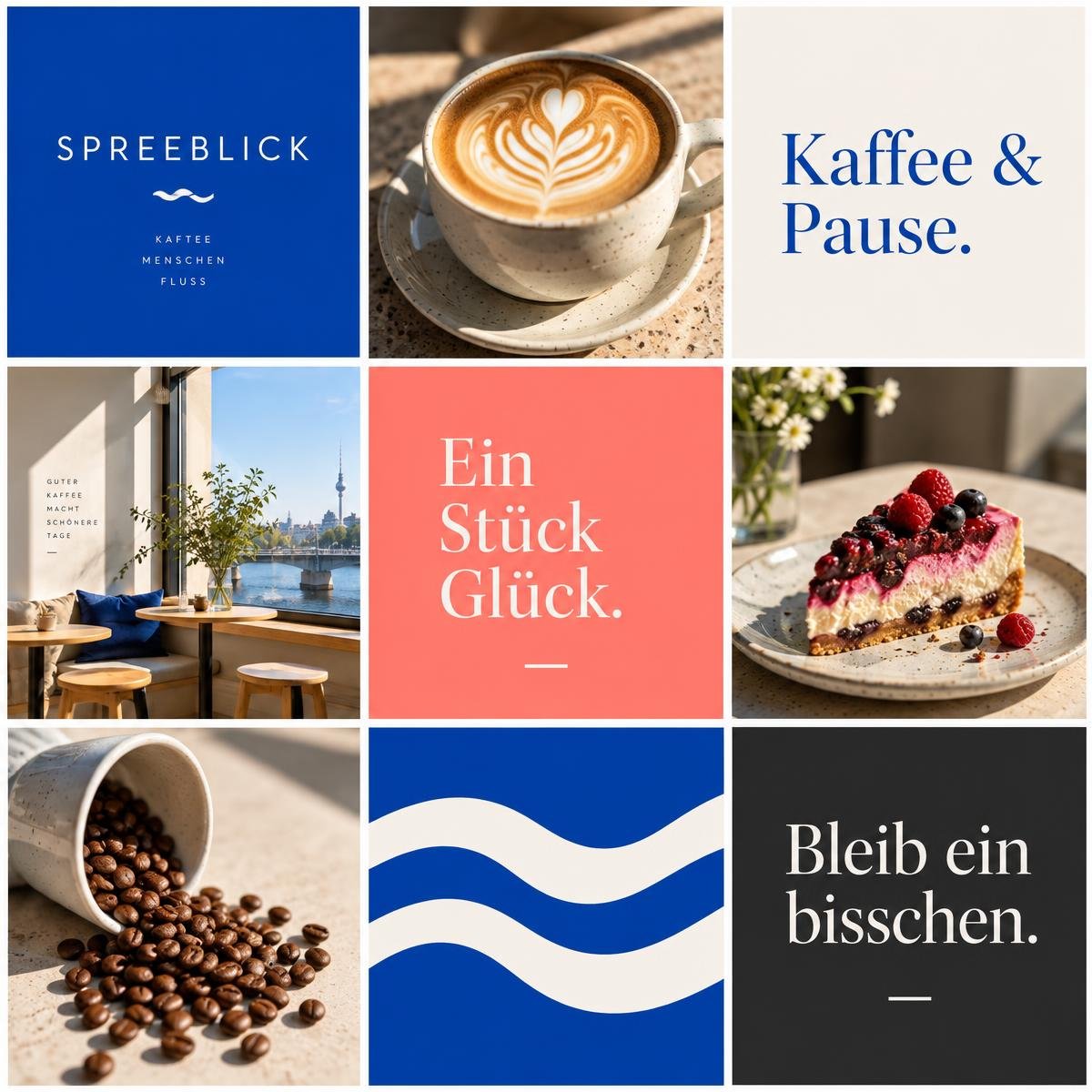 Neun Musterposts für Spreeblick: Latte Art, Beerenkuchen und Café mit blauen und korallfarbenen Textmotiven.